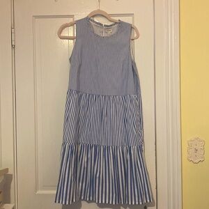 J. Crew Blue and White Striped Tiered Midi Dress